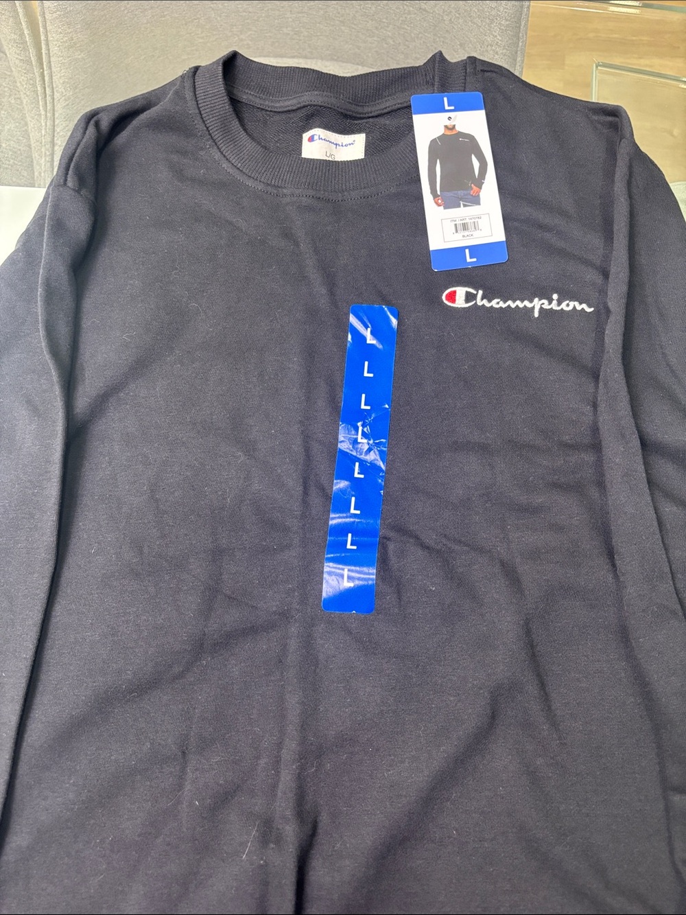 Champion Black Crew Sweatshirt with Script embroidered Logo large